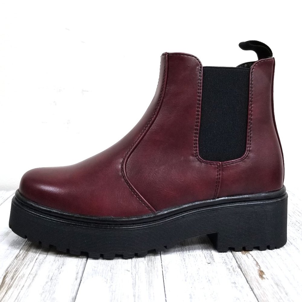Restocked Wine Chelsea Combat Boots Ankle Bootie - Picture 2 of 4